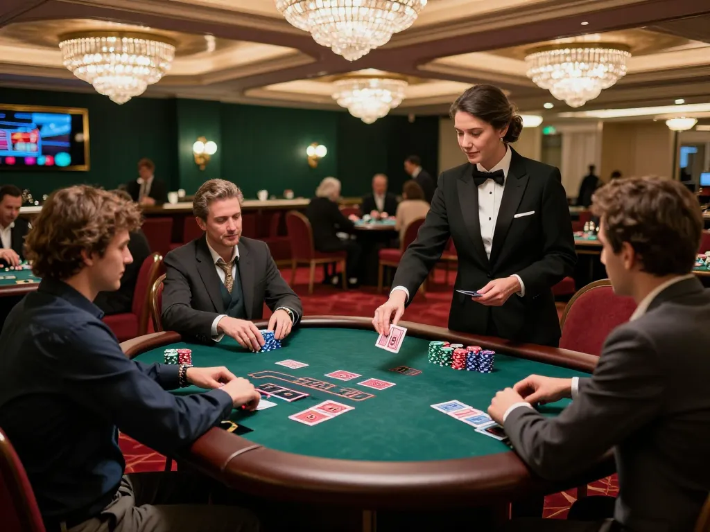 vin88 players placing bets at an upscale blackjack table in a vibrant casino environment