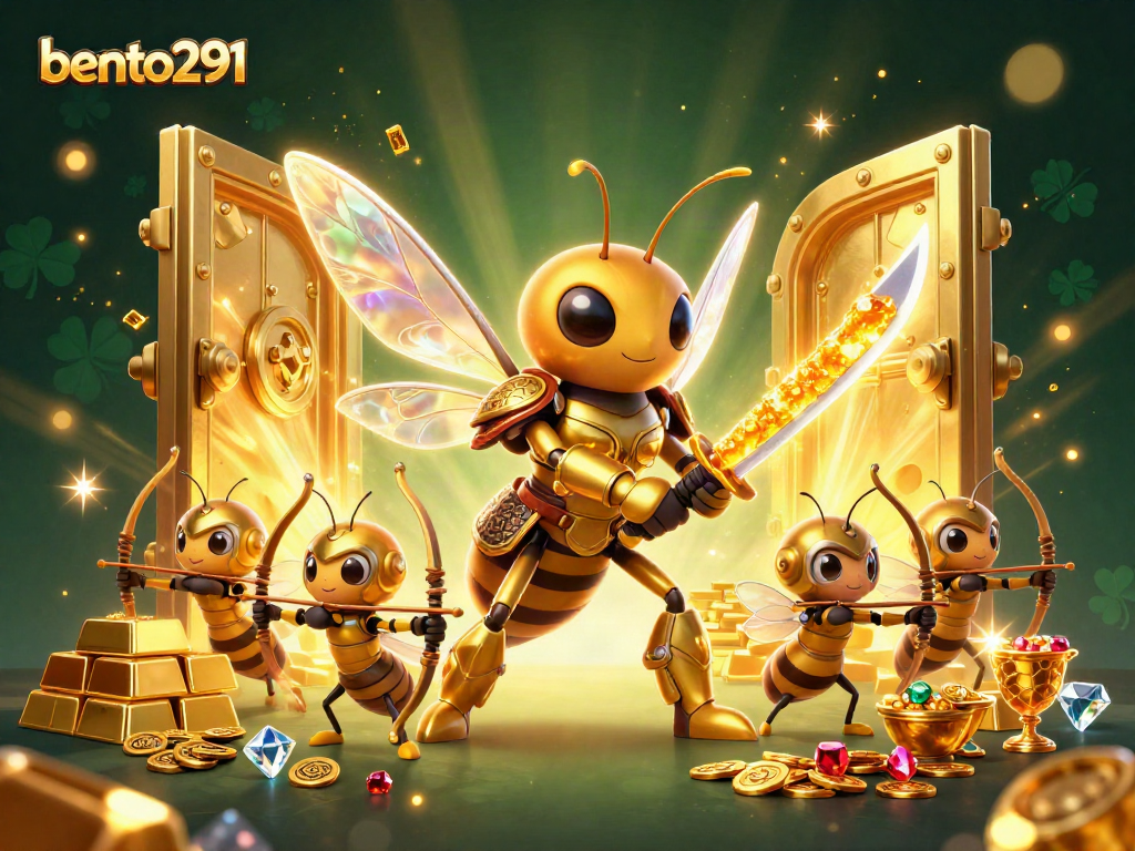 bento291 showcases a vibrant scene of a golden hornet samurai among dazzling treasures, engaging gamblers.