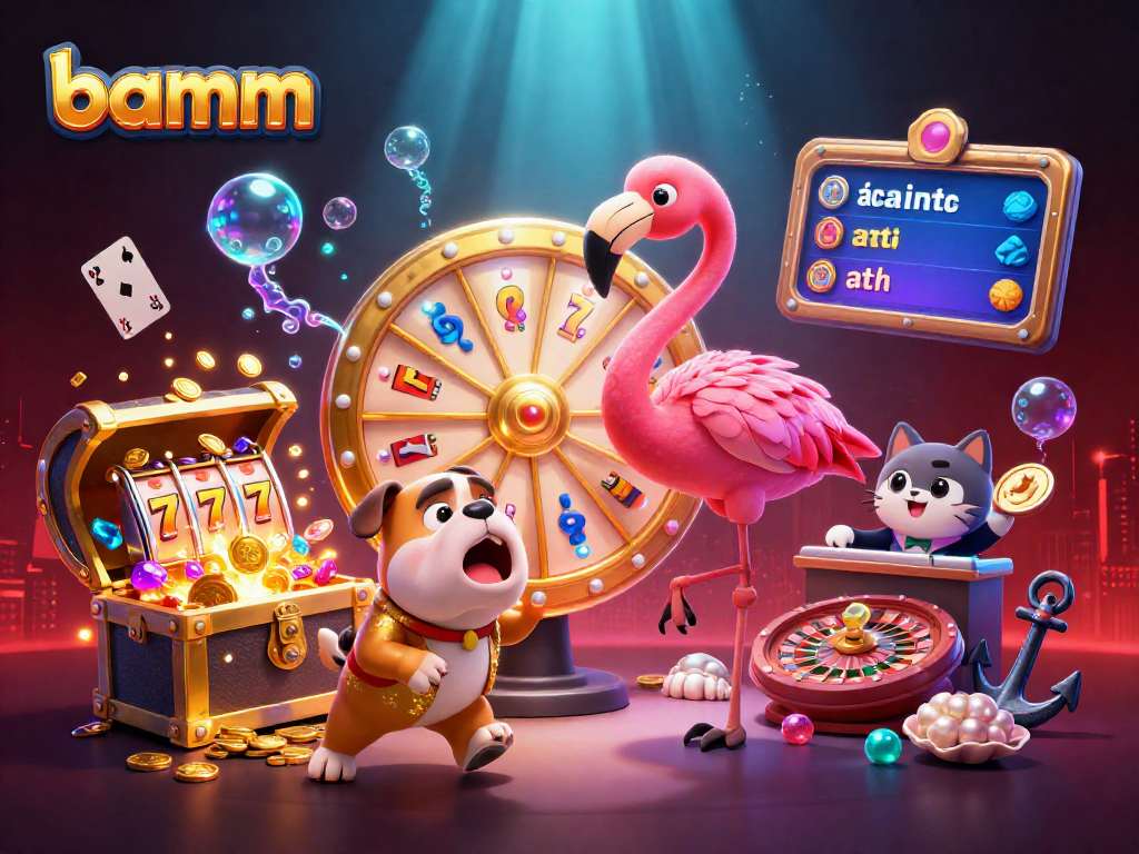Engage with bamm's exciting 3D casino scene featuring gold coins, slot machines, and lively characters.