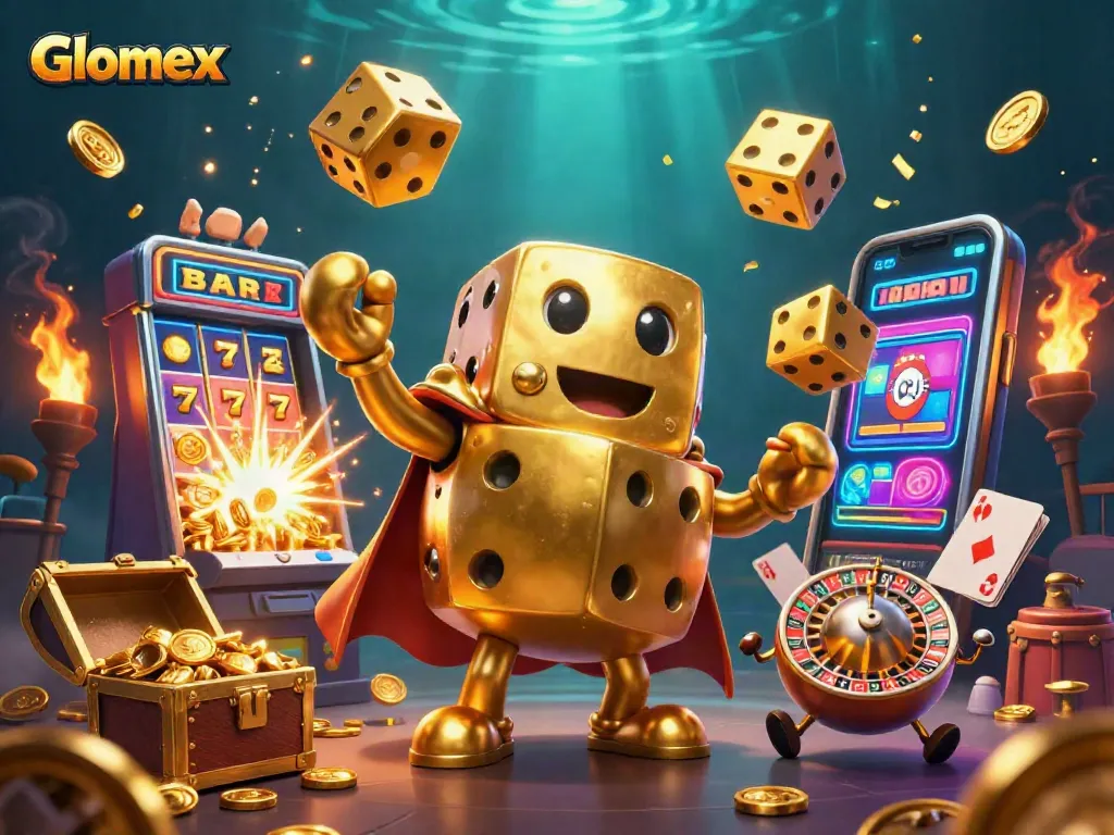 Engage with Glomex's vibrant casino scene featuring animated golden dice and bursting jackpots.