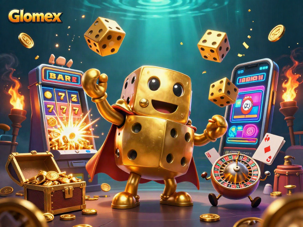 Engage with Glomex's vibrant casino scene featuring animated golden dice and bursting jackpots.