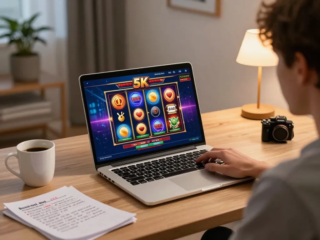 Player enjoying an exciting slot 5k game on a laptop, incorporating interactive elements and home comfort