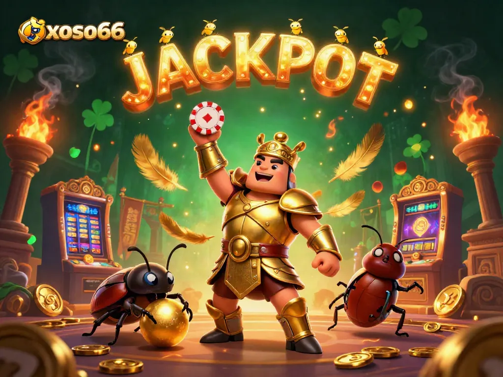 Experience the thrill at xoso66 with this vibrant scene featuring a gladiator beetle showcasing victory and casino excitement.