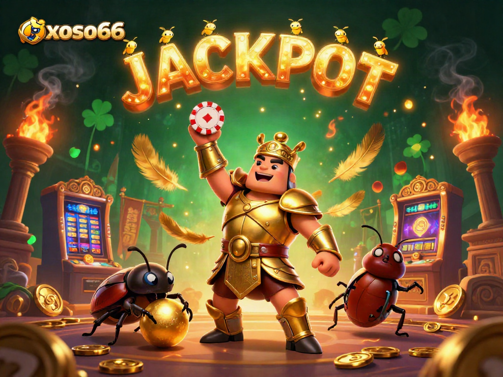 Experience the thrill at xoso66 with this vibrant scene featuring a gladiator beetle showcasing victory and casino excitement.