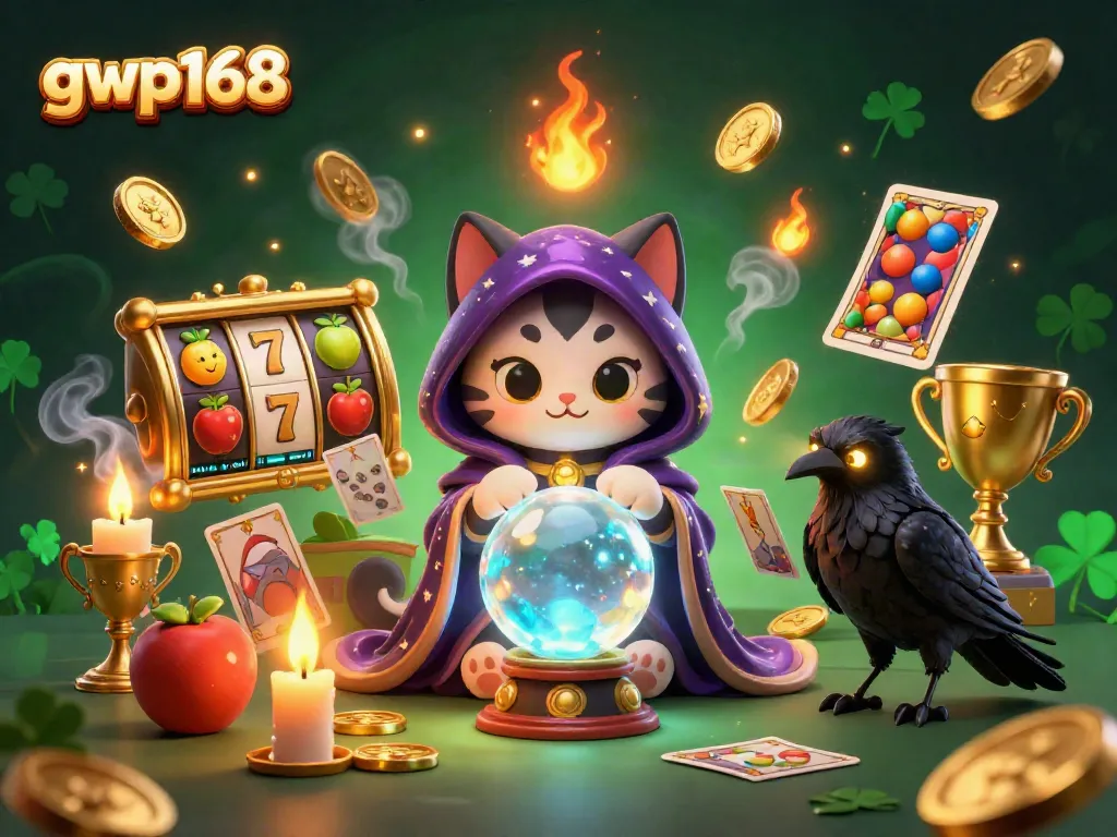 GWP168 bermain dengan slot dan simbol keberuntungan dalam suasana magis penuh warna.
