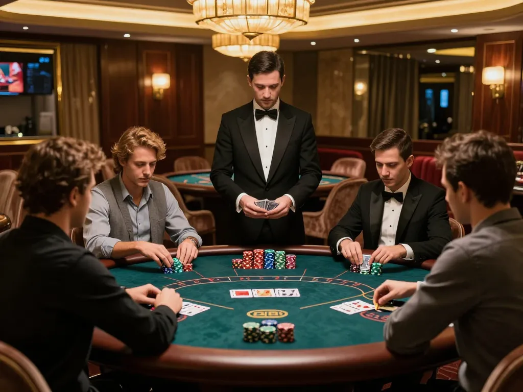 Players engage in a high-stakes poker game at nhà cái vipwin's exclusive VIP area, showcasing strategic gameplay and luxury.