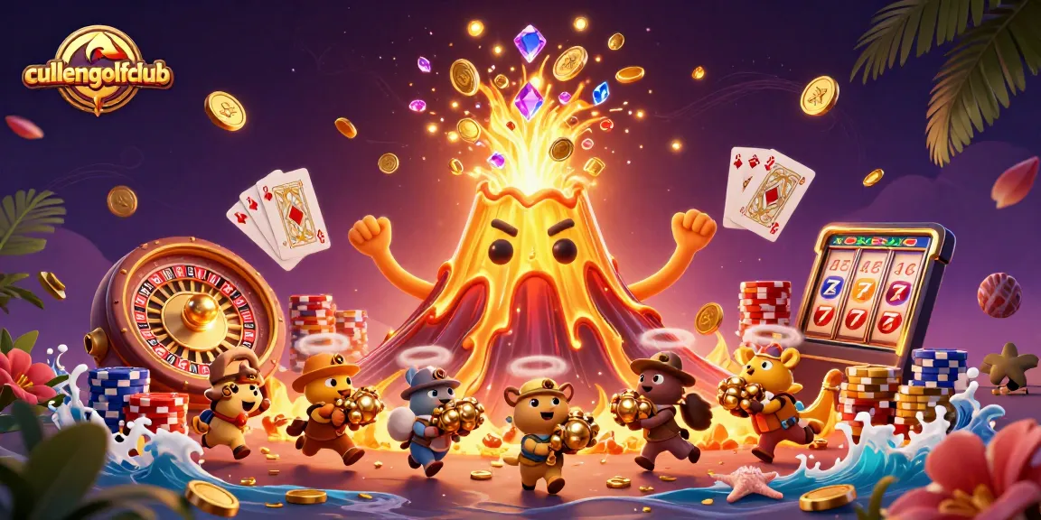 Experience the thrill at cullengolfclub with a golden volcano erupting coins and treasures in a vibrant casino scene.
