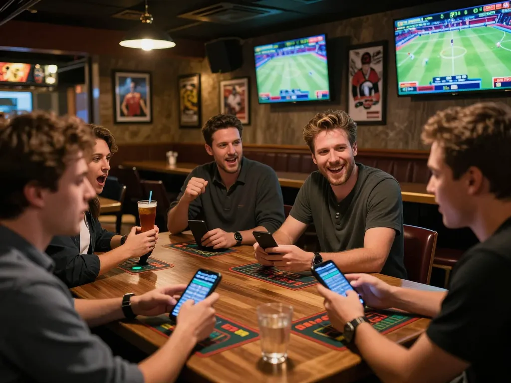 Engaging sports betting enthusiasts analyzing tỷ lệ nhà cái while placing wagers in a vibrant setting.