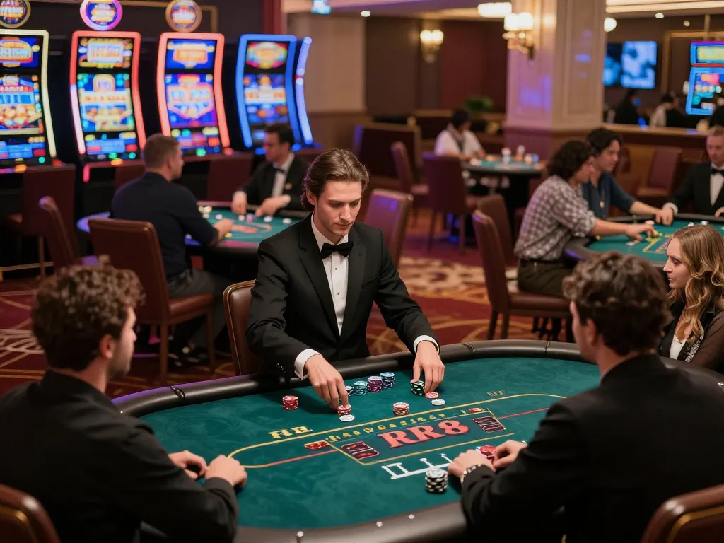 Experience the excitement of high-stakes poker on RR88's casino floor with vibrant gaming activity.