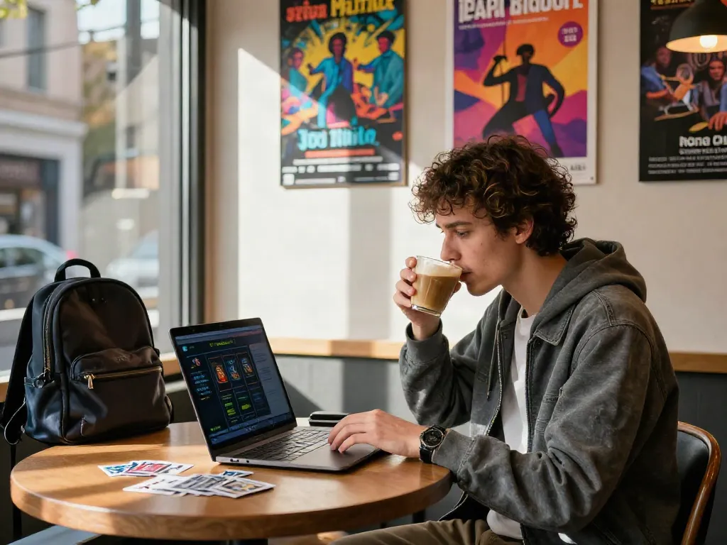 Engaging moment at café as an individual explores akunjp gambling on a laptop, vibrant atmosphere.