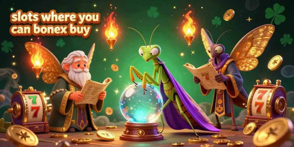 Experience the thrill of slots where you can bonus buy, with vibrant illustrations of characters and game elements in a mystical casino setting.