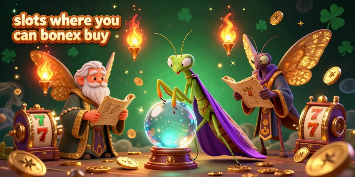 Experience the thrill of slots where you can bonus buy, with vibrant illustrations of characters and game elements in a mystical casino setting.