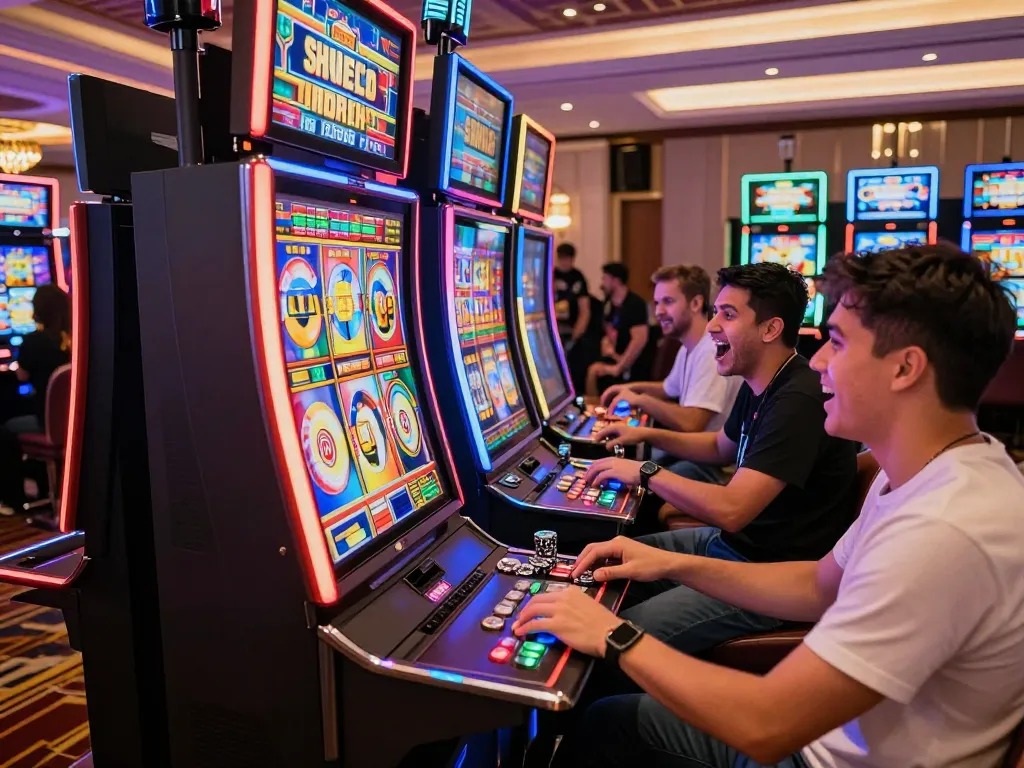 Pemain menikmati permainan situs slot di suasana casino yang hidup dengan lampu neon dan kegembiraan.
