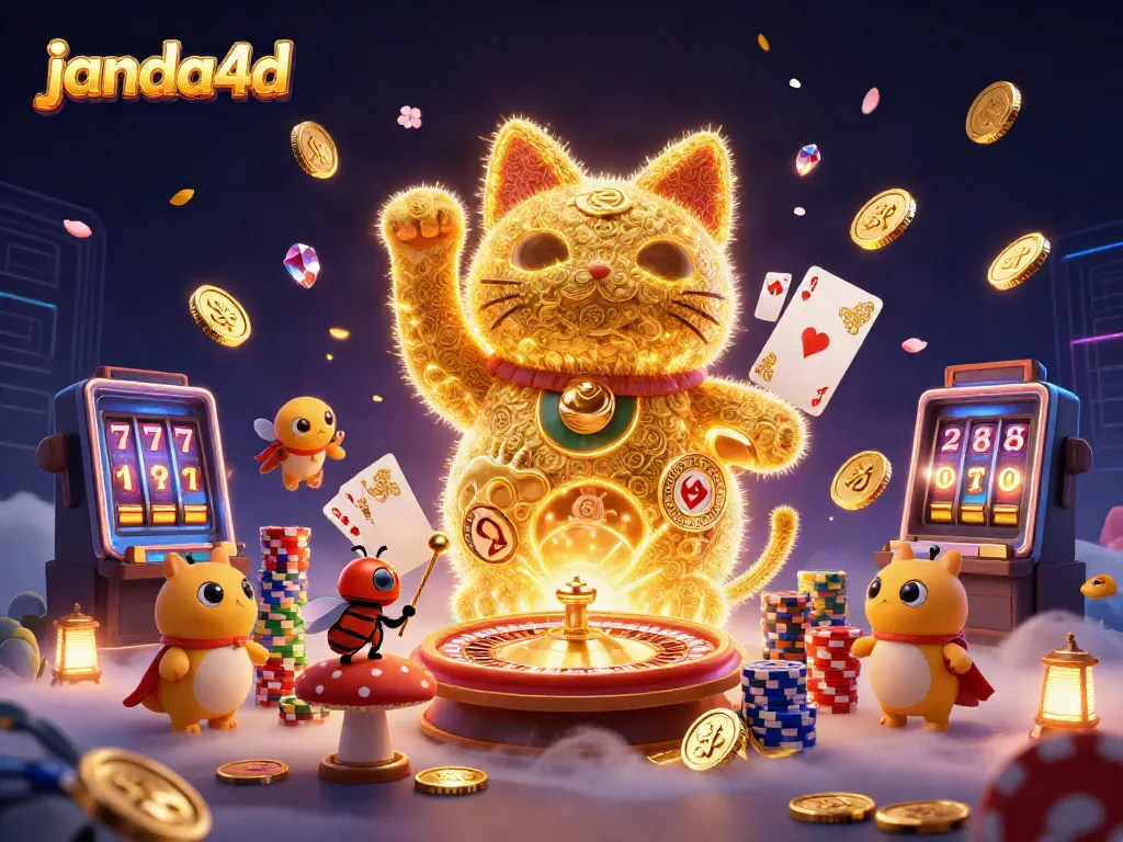 JANDA4D mewakili permainan kasino dengan detail dan warna menarik dalam ilustrasi 3D yang memikat.