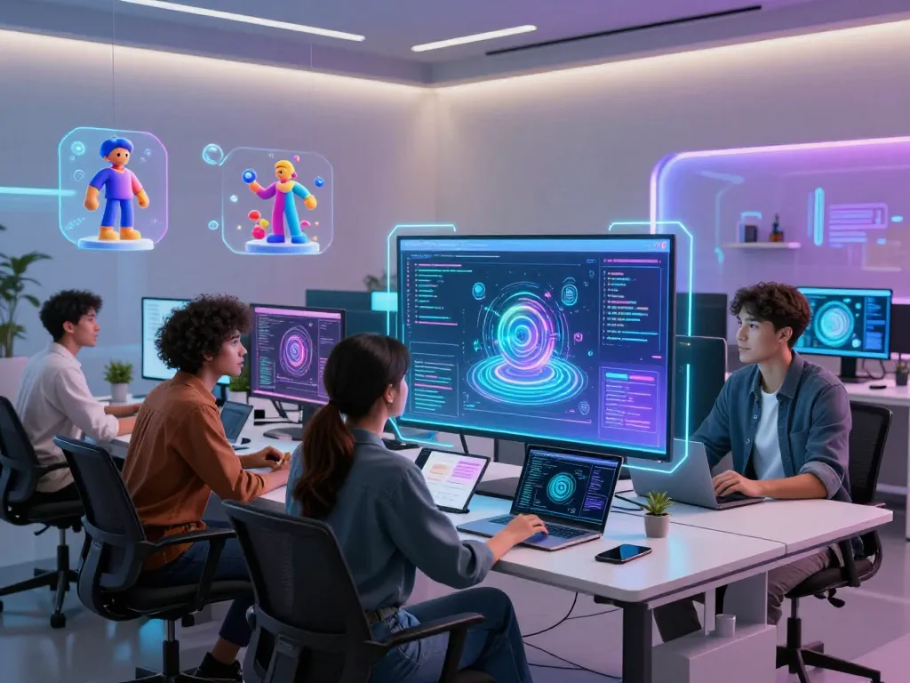 Engaged team showcasing juicy ai in a vibrant digital workspace with holographic displays.