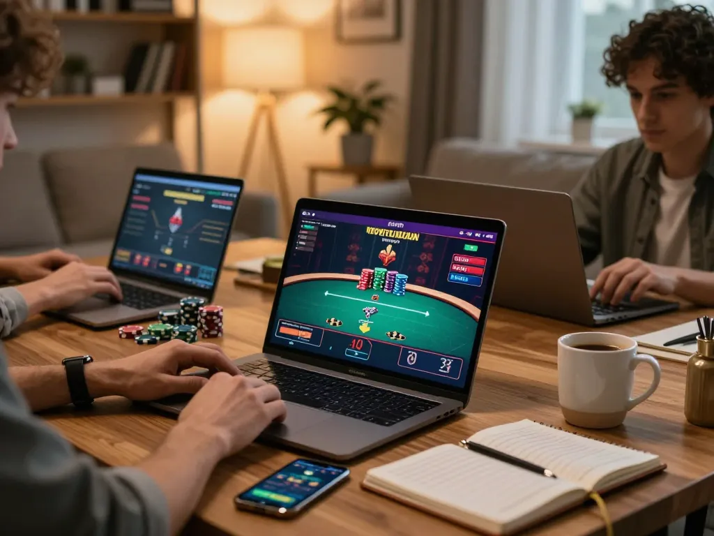Scene permainan poker yang menarik di Bintangmpo menggambarkan pemain yang terlibat dalam permainan online, menunjukkan taruhan strategis.