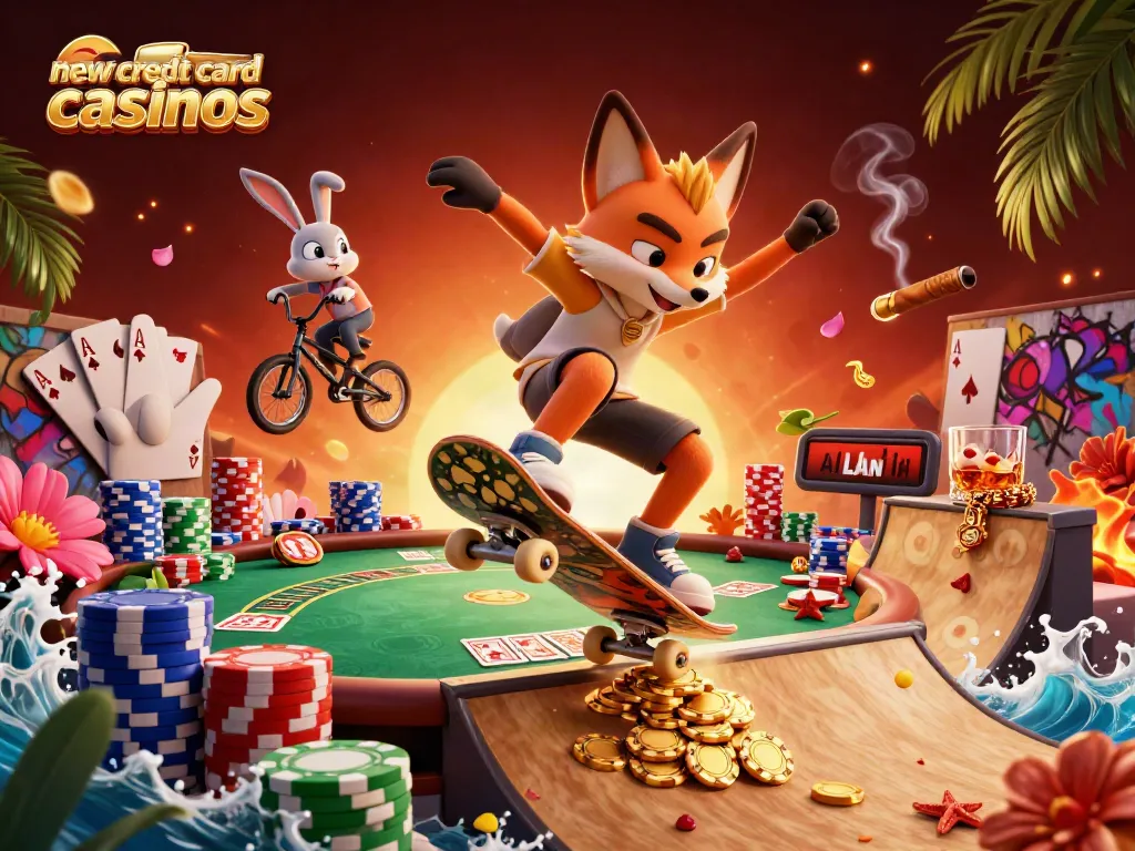 Engaging illustration of new credit card casinos featuring a skateboarder fox with a BMX rabbit, showcasing vibrant casino elements.