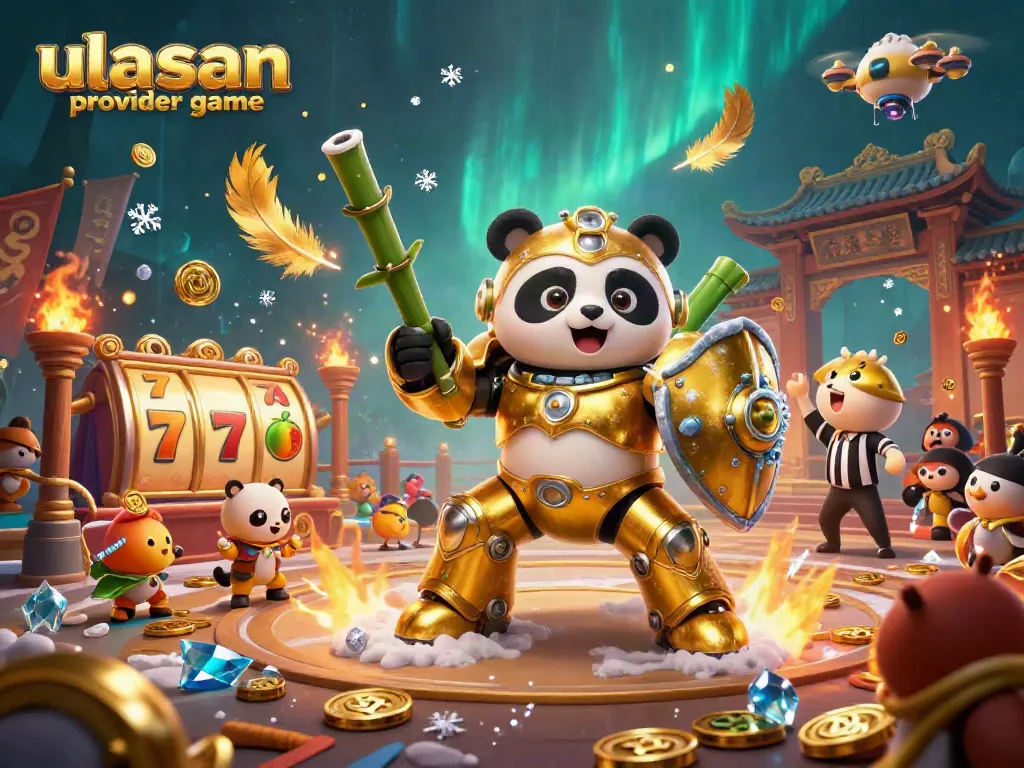 Ulasan provider game dalam arena perjudian dengan panda emas dan elemen slot yang menarik.