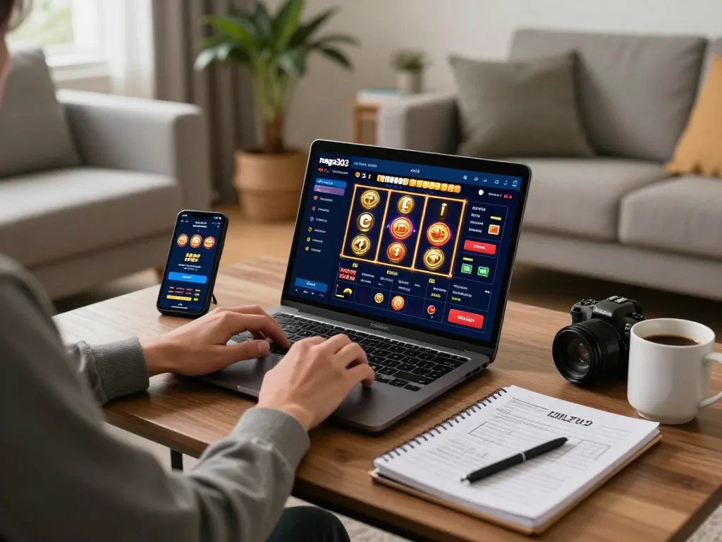 Naga303 online gaming interface displayed on laptop in a cozy living room setting, reflecting responsible gambling.