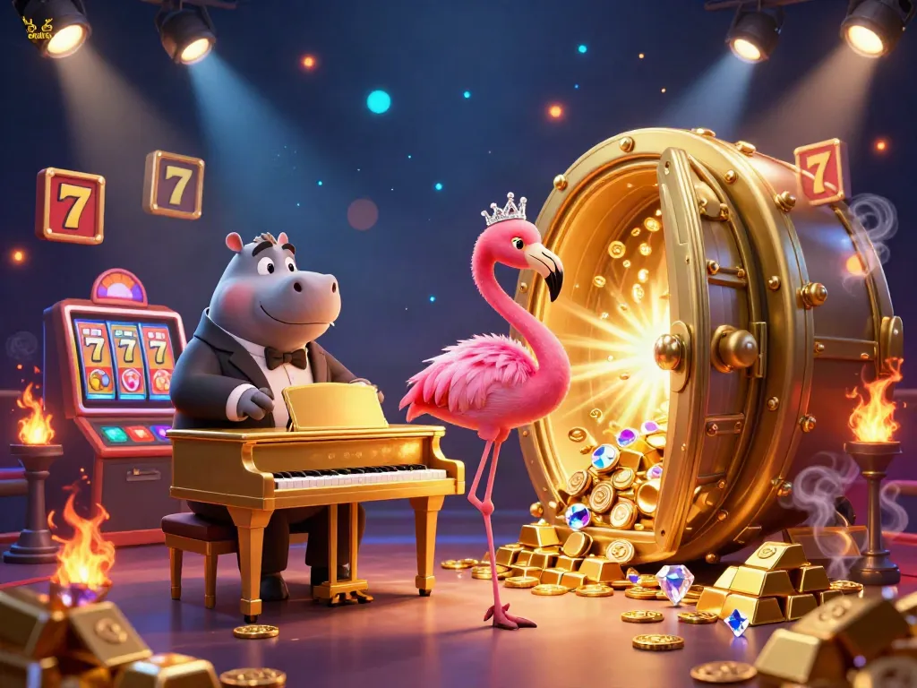 Experience the thrill of slot online with a vibrant casino scene featuring lively characters and gold treasures.