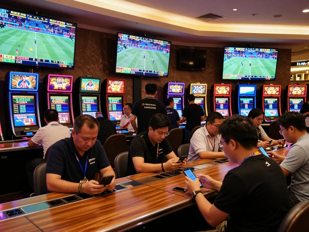 Betting excitement at lu88 with enthusiastic sports bettors discussing odds.