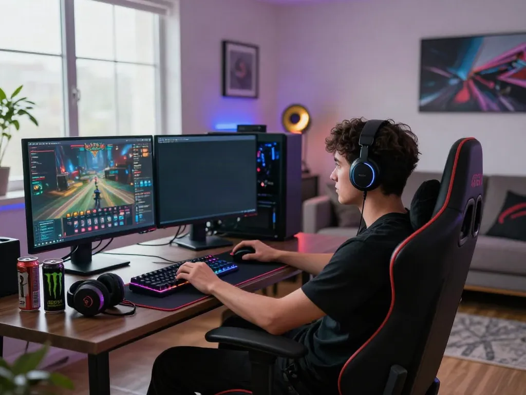 Person gaming at home in stylish setup with akunjp-themed decor and vibrant screens.