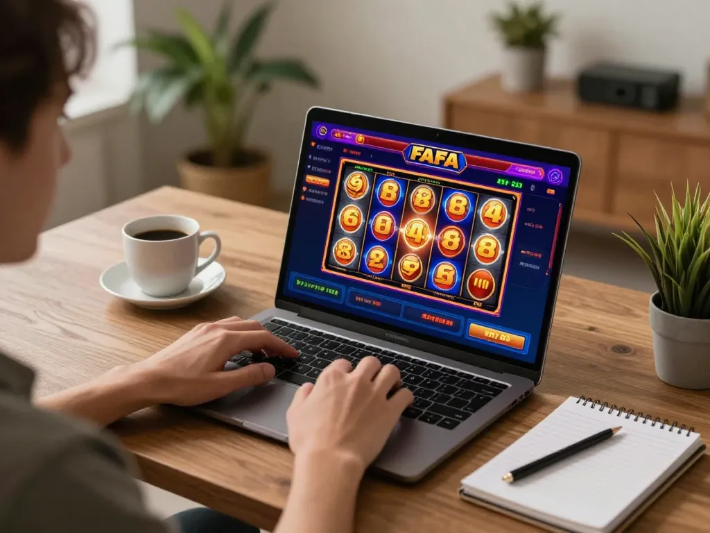 Person immersed in FAFA 828 online casino gameplay at a stylish home desk, showcasing engaging experience.