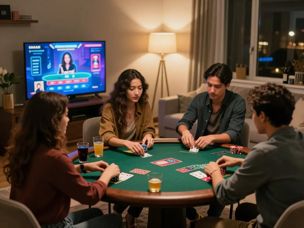 IWIN CLUB players enjoying an online poker game together, focusing on the strategic gameplay and social atmosphere of a cozy home setting.