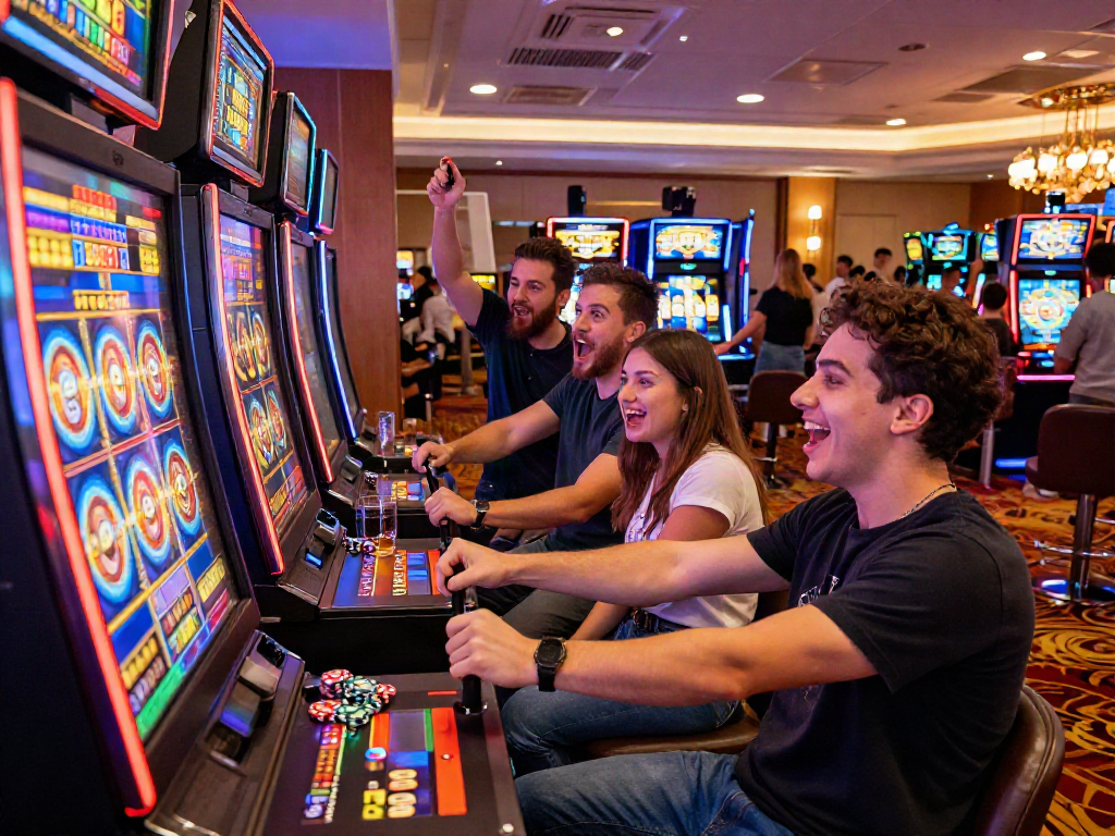 Group of friends enjoying a slot machine game in a vibrant casino setting.