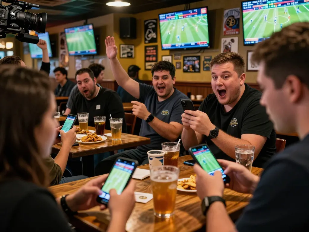 Enthusiastic sports bettors engaged with ulat123 app while enjoying the lively atmosphere of a sports bar.