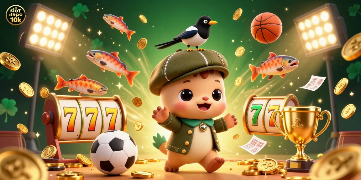 Slot depo 10k menunjukkan kartun lucu dan ceria dengan elemen slot dan salmon, menciptakan suasana bermain yang menggembirakan.