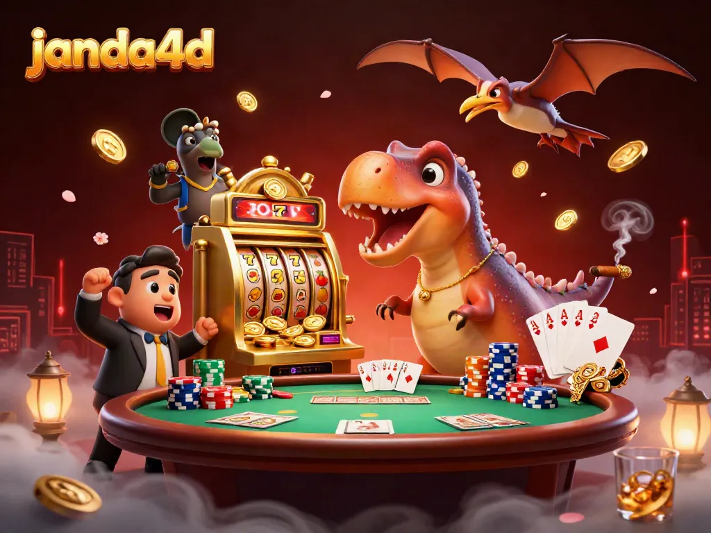 Permainan jackpot di janda4d dengan dinosaurus dan slot berkilau memenuhi ruang kasino.