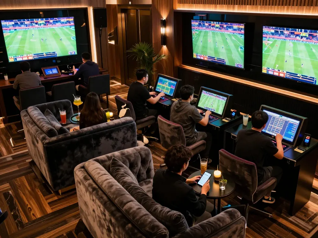 Engaging in sports betting with 388bet in a luxurious lounge setting filled with excitement