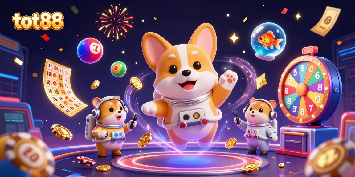 tot88 showcases a vibrant zero-gravity casino scene with a playful astronaut corgi, engaging elements, and dynamic energy