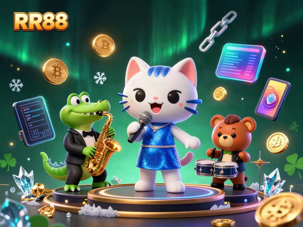 Experience thrilling casino vibes with RR88 as the trio of musical animals entertains amidst crypto elements.