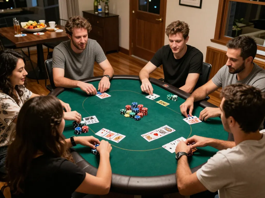 FB88 poker night with friends enjoying a friendly game at home, showcasing chips and cards