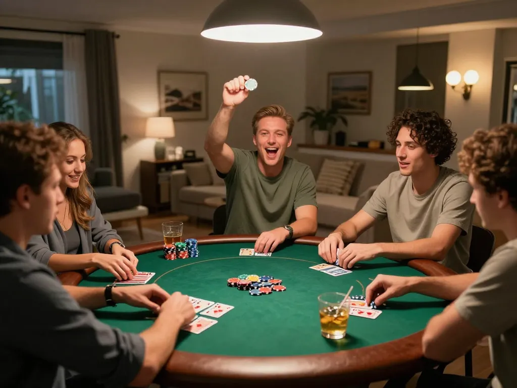Enjoying a lively poker game at home with friends, sharing strategies and laughter on goal123.ac