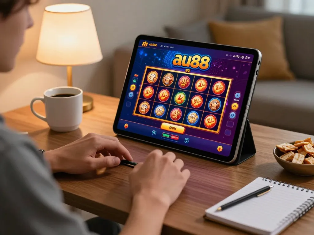 Engaging online gambling scene with a player exploring au88 slots on a tablet, showcasing a cozy atmosphere.