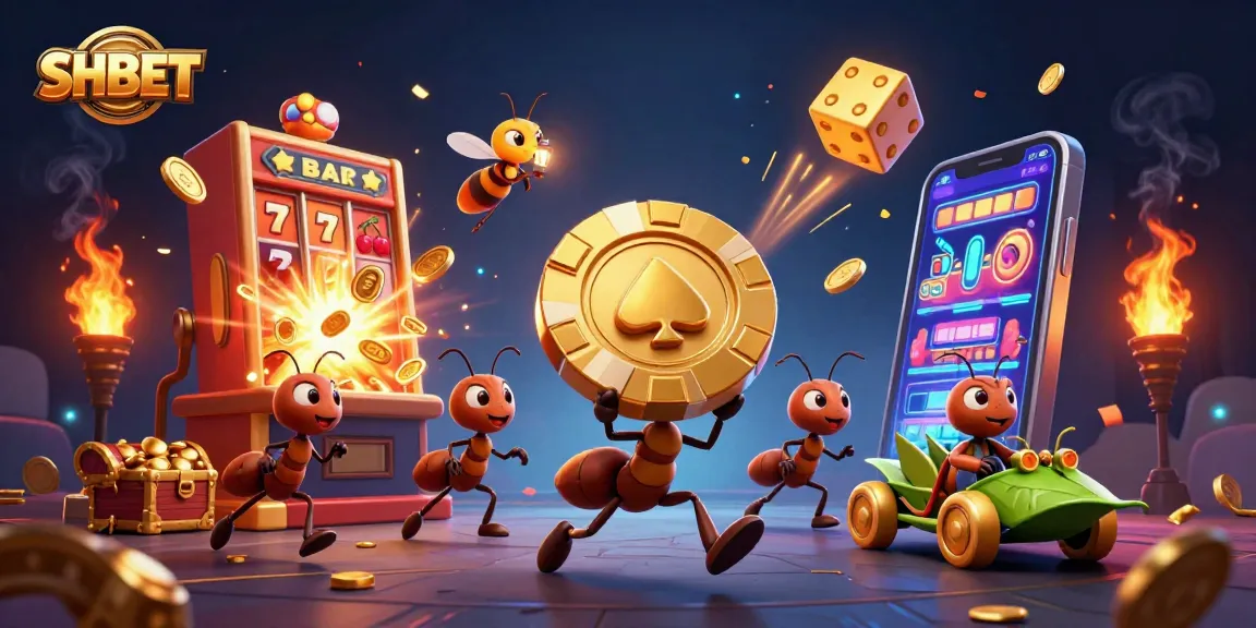 SHBET promotional illustration featuring ant characters embarking on a gambling adventure with vibrant casino elements.
