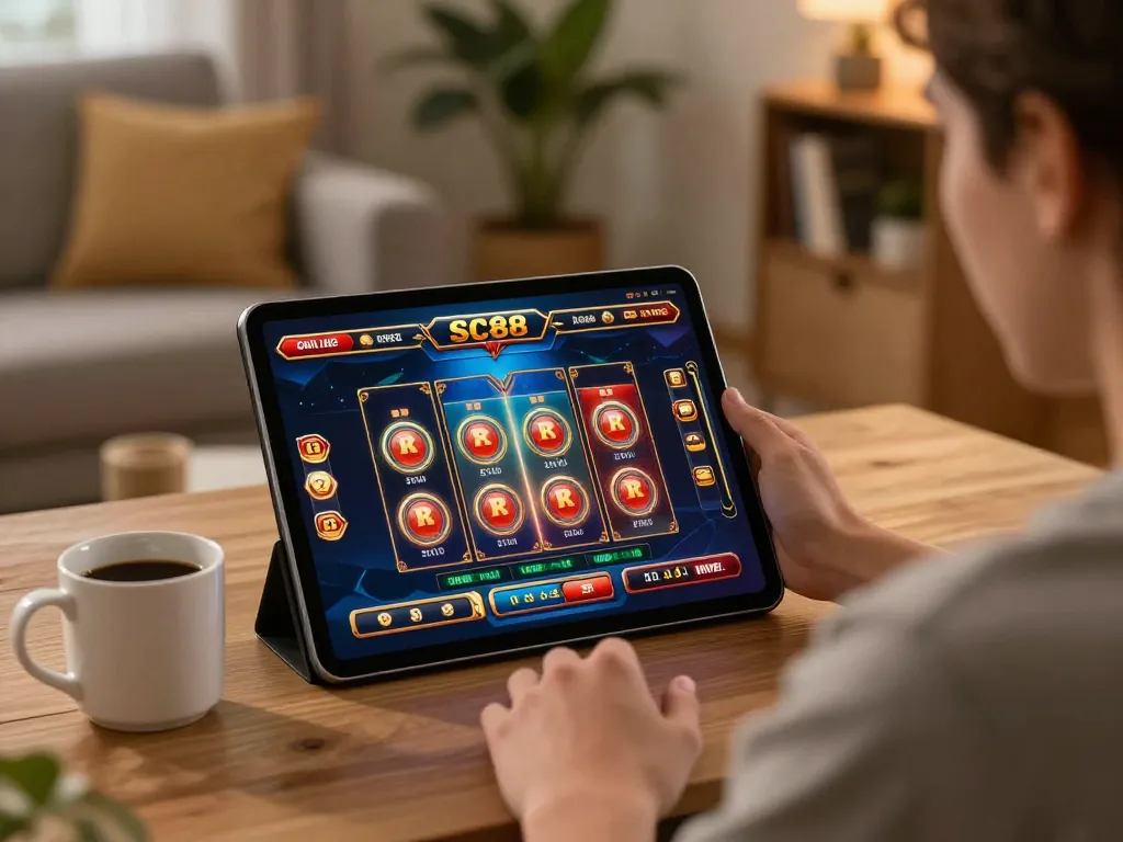 Person engaging with SC88 online slots on a tablet in a cozy living room