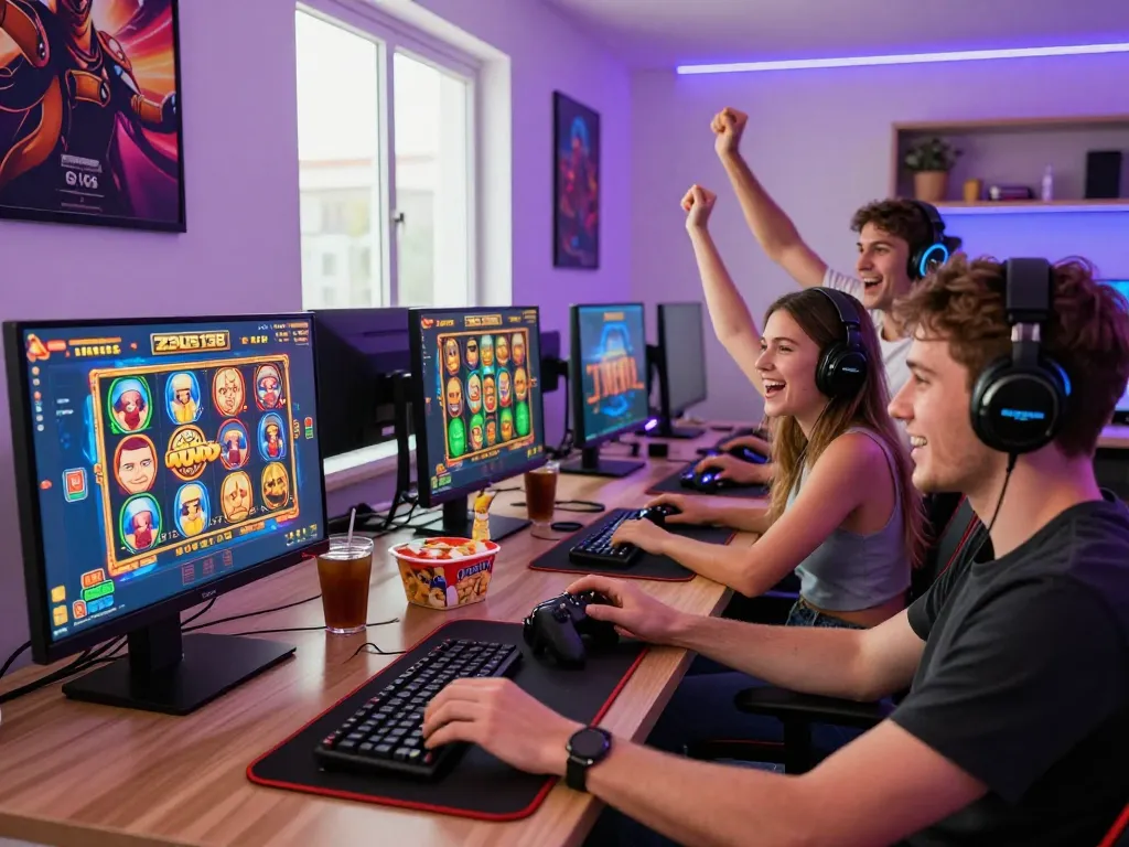 Players enjoying Zeus138 online slots in a lively gaming environment with snacks and gaming gear.