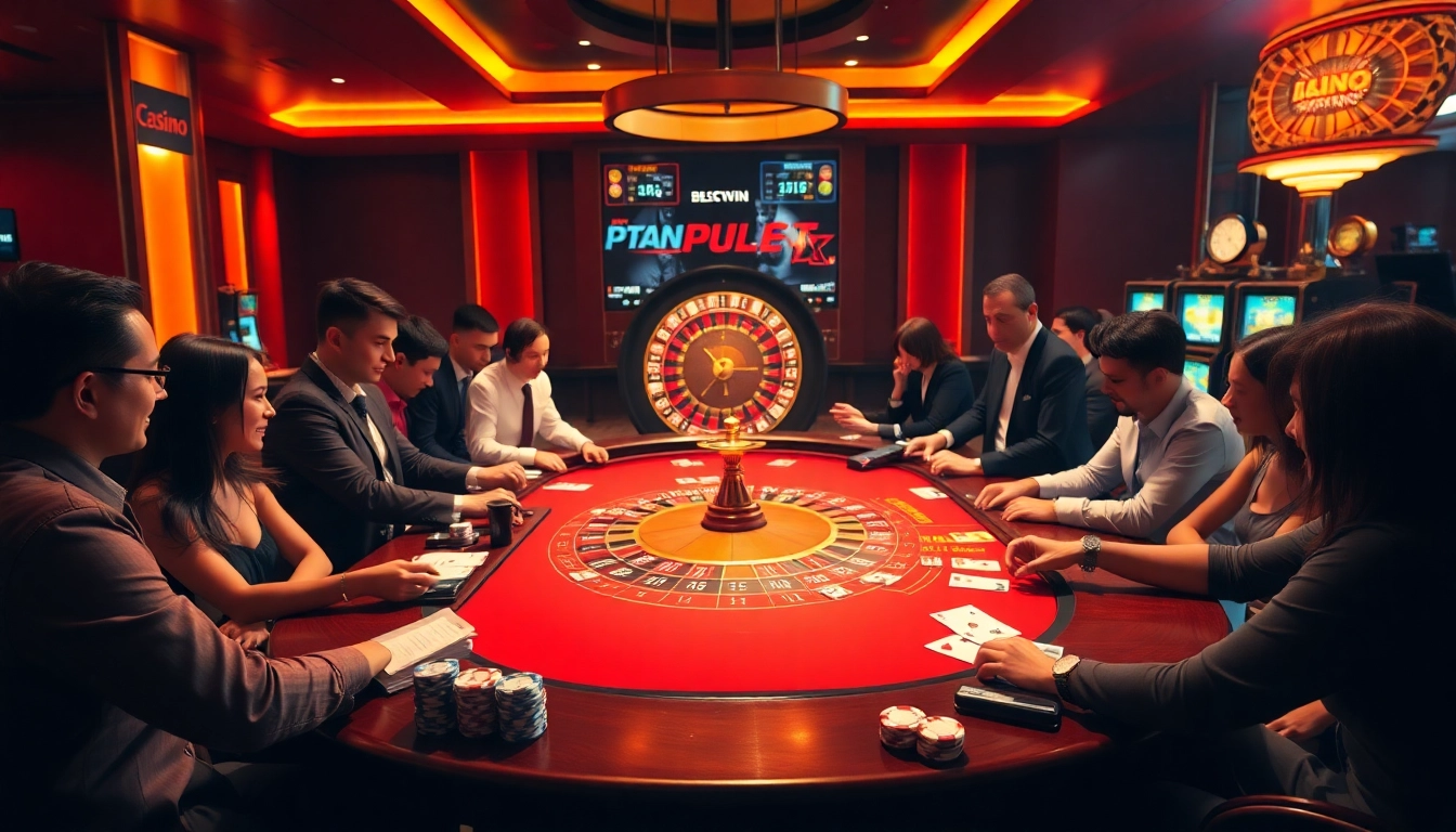 Experience high-stakes gameplay at http://2haywin.pro/ with an exhilarating casino scene featuring vibrant tables and engaged players.