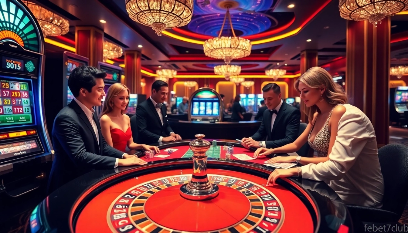 Exciting casino experience at http://febet7.club/ featuring players engaging in roulette and baccarat.
