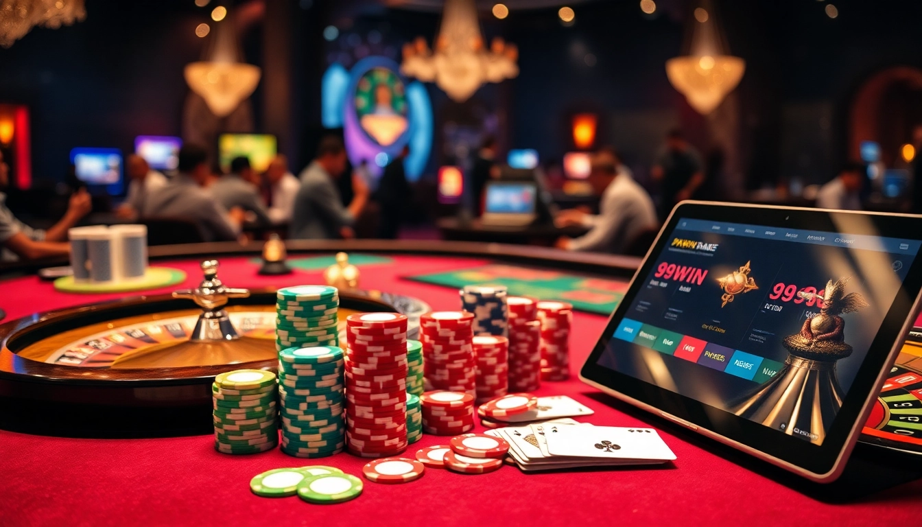 Players engaging in thrilling games at 99WIN's luxurious casino table and roulette wheel.