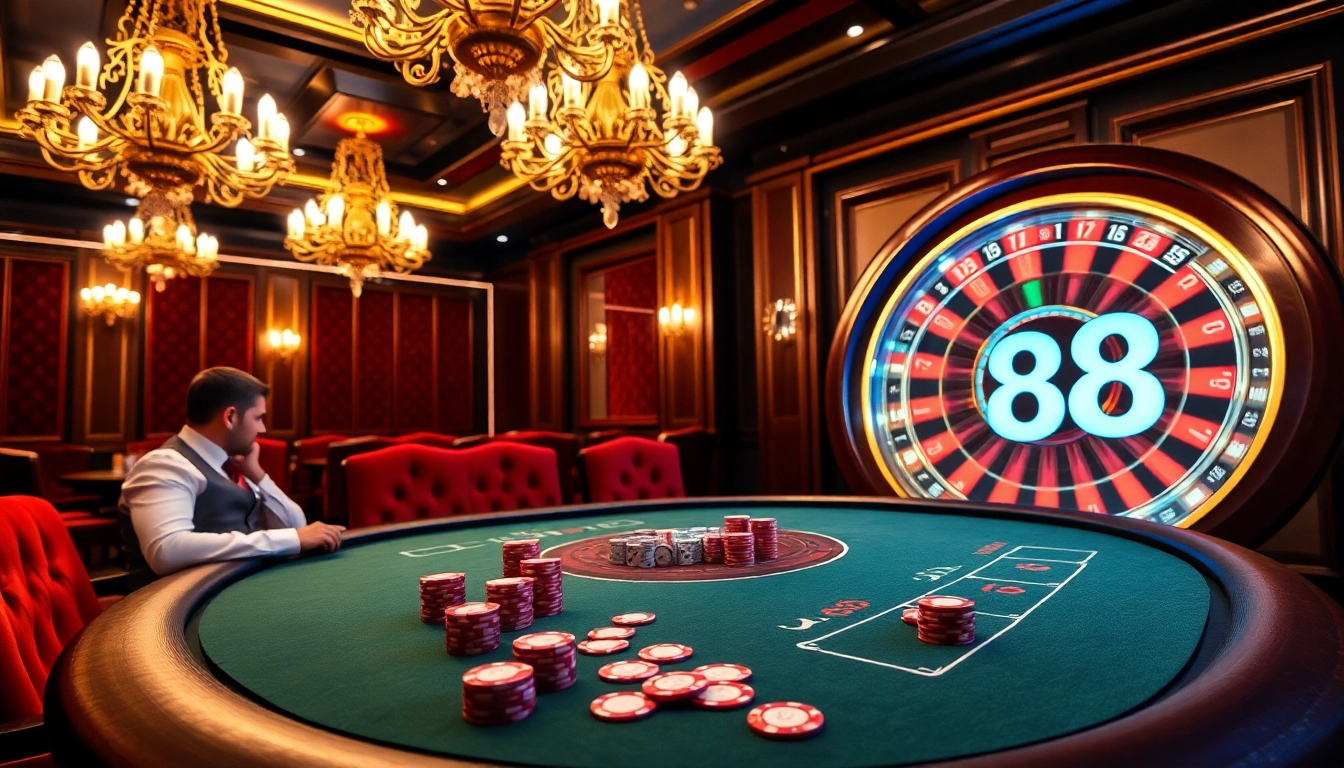Action-packed poker game at a luxurious casino featuring j88 chips and cards.