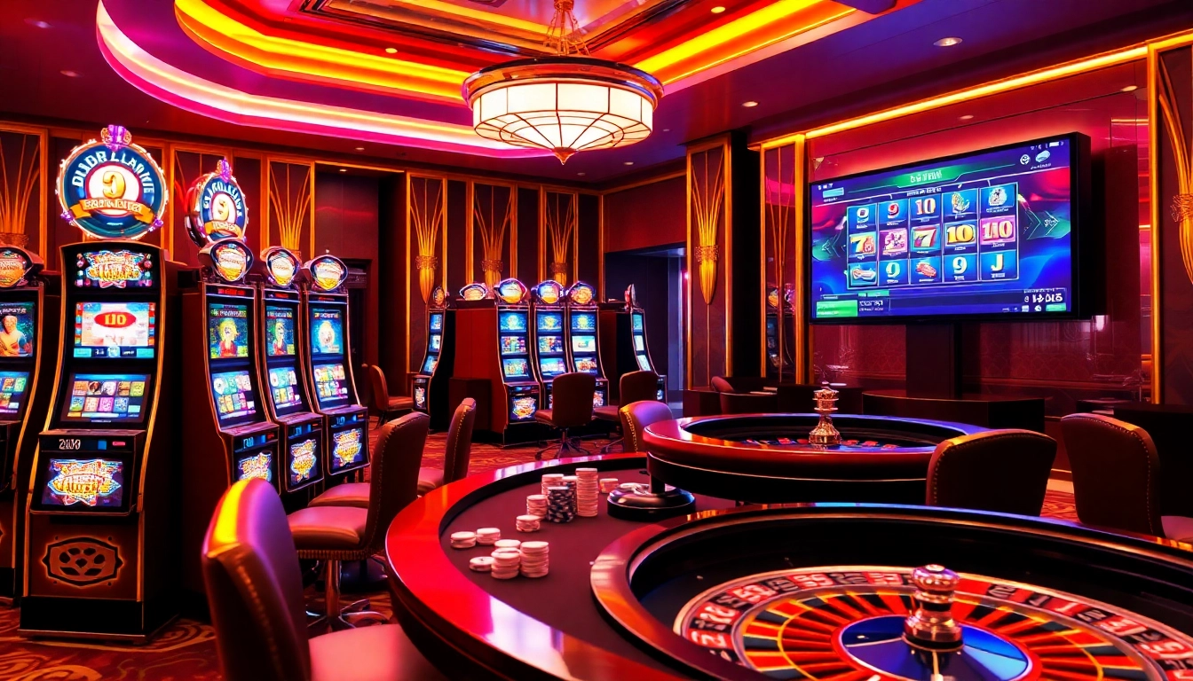 Gameplay at situs judi slot with vibrant slot machines and poker excitement in a luxurious casino setting.