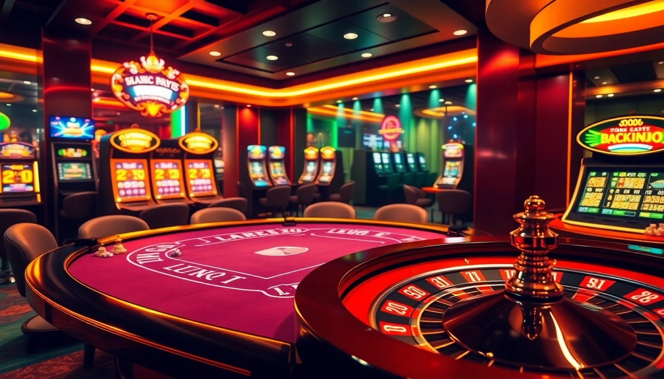 Players enjoying a thrilling poker game in SODO casino ambiance with vibrant slot machines.