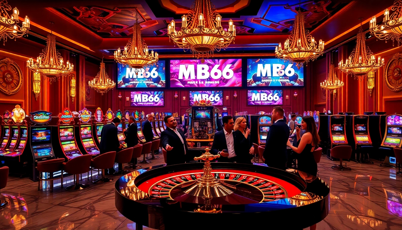 Exciting MB66 gaming experience with vibrant slot machines and lively roulette table in luxurious casino.