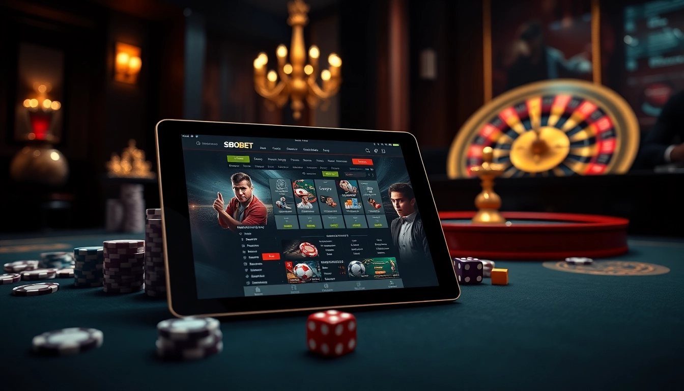 Engage with LINK SBOBET in a luxurious online casino setting featuring vibrant poker chips and a roulette wheel.