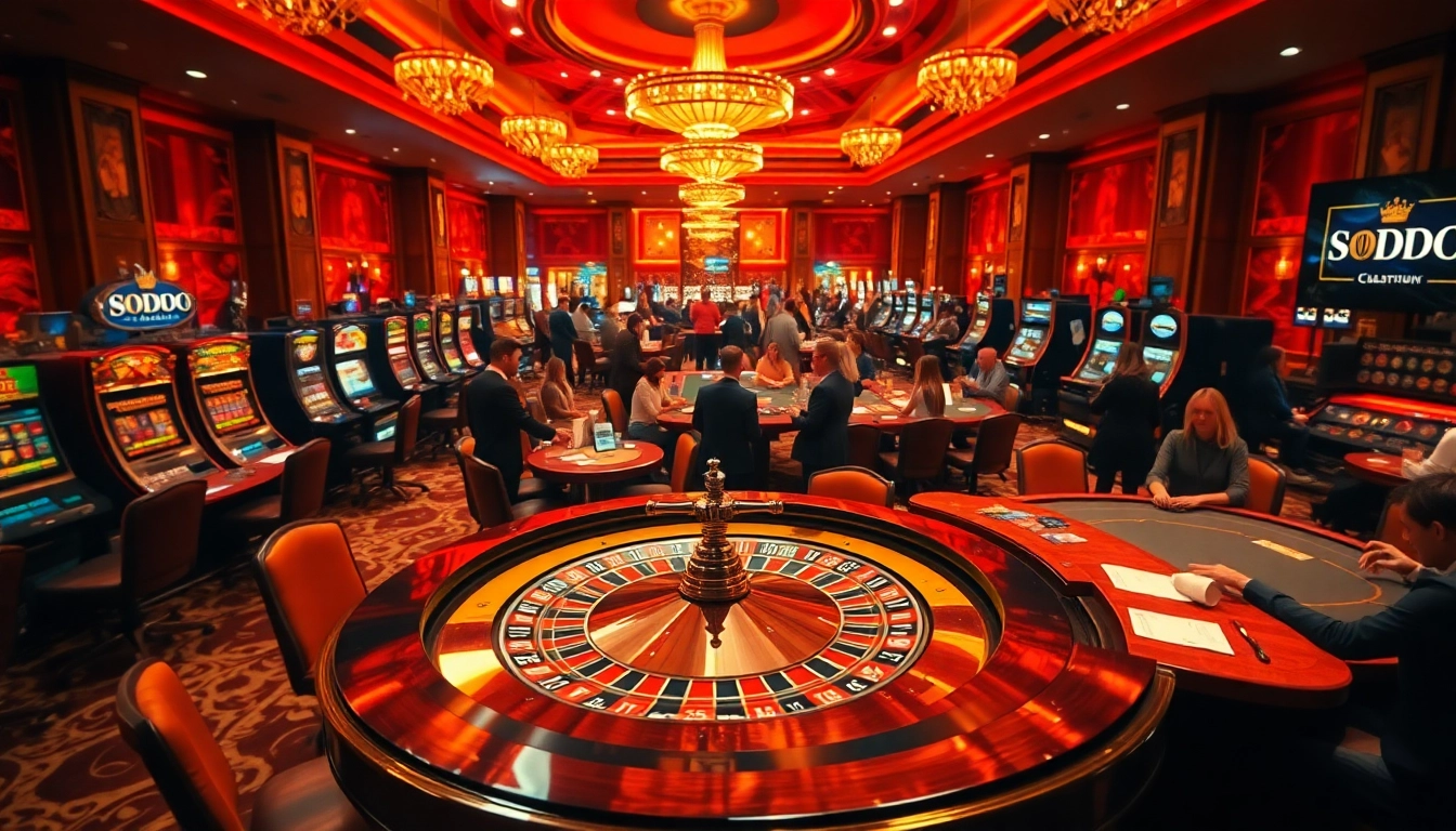 Exciting gambling scene in SODO casino showcasing roulette wheel and eager players.